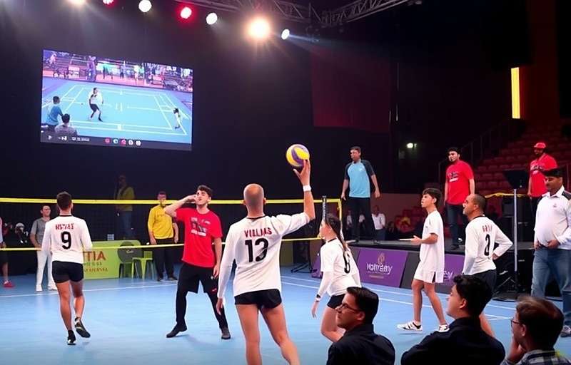 Volley Rulers India national tournament finals with players competing on stage and large screen showing the gameplay