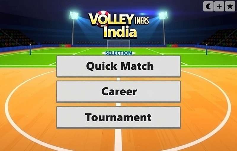 Volley Rulers India game modes selection screen showing different options like Quick Match, Career, and Tournament