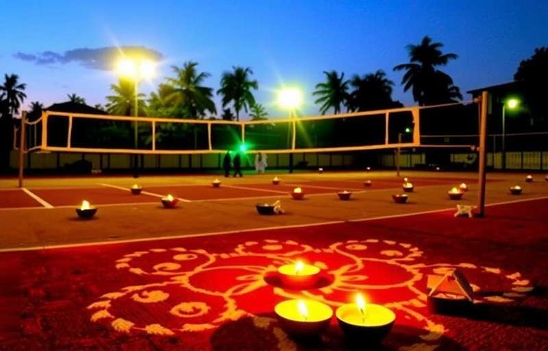 Volley Rulers India Diwali special event showing volleyball court decorated with diyas and rangoli patterns